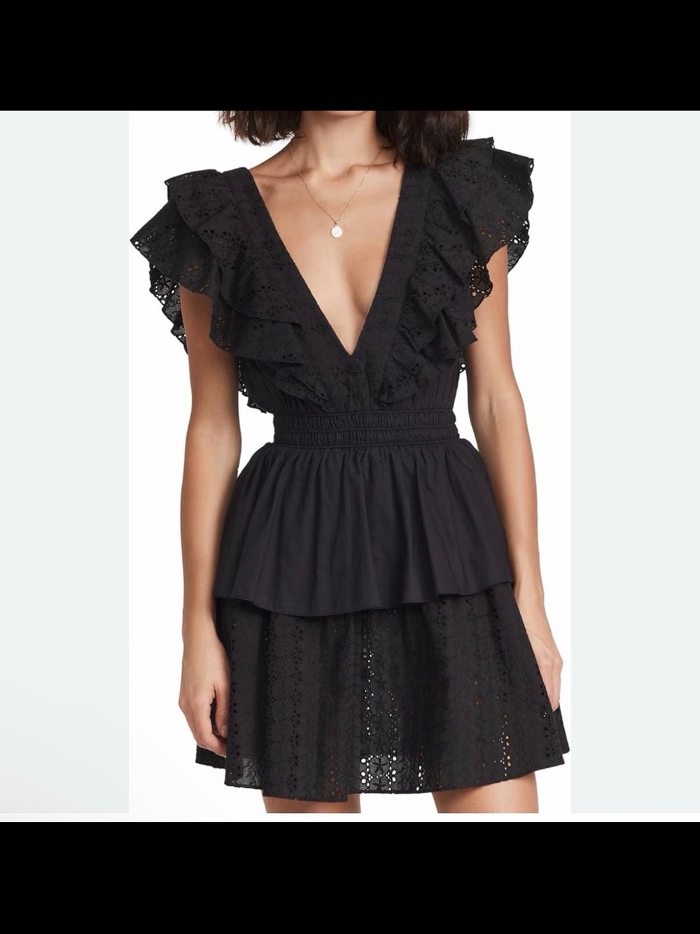 Black Ruffle Eyelet V-Neck Dress NWT PLAYA LUCILA Ruffle Mini Dress Smal